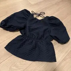 ZARA ポップコーン生地 パフスリーブ ブラウス ネイビー XS