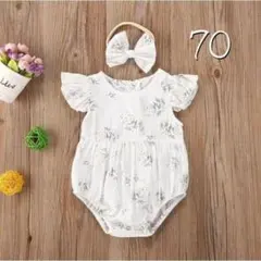 70 白 ロンパース　フリル　花柄　半袖　ノースリーブ