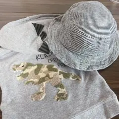 ベビー【90】恐竜刺繍パーカー　ヒッコリーバケットハット　セット　帽子　男の子