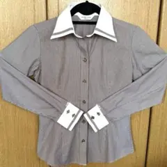 【少し訳あり】東京シャツ 長袖ストライプブラウス ブラウンシャツプラザ Sサイズ