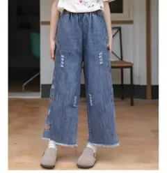 デニム ジーパン ワイドパンツ 刺繍 おしゃれ度高め ハイウエスト 九分丈