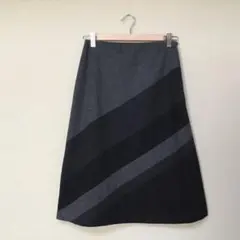 ホコモモラ　膝下スカート　ストライプ　パッチワーク　黒　グレー