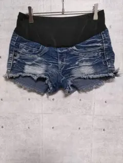 マタニティ デニム ブルー フリンジ ショートパンツ S