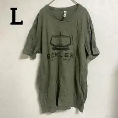 【L】 オリーブ色 Tシャツ 半袖 カジュアル シンプル 古着 USED ロゴ