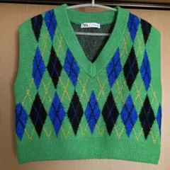 ZARA ザラ☆アーガイル柄 ニットベスト　グリーン　サイズS