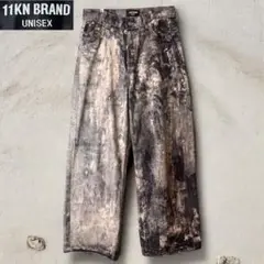 11KN BRAND ユニセックス ダメージ加工 ワイドバギーデニムパンツ 古着