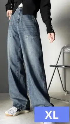 ダークブルーワイドレッグデニムパンツ