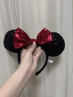 ミッキー耳カチューシャ 黒と赤のスパンコール ミニーカチューシャ ディズニー