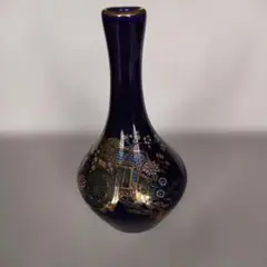九谷焼濃紺 花瓶 花器 花と車の絵柄ミニチュア品高さ10.5cmくらい
