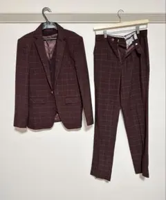 バーガンディ チェック柄 カジュアルスーツ