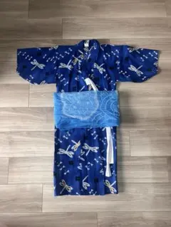 トンボ柄青い浴衣 100cm 帯付き