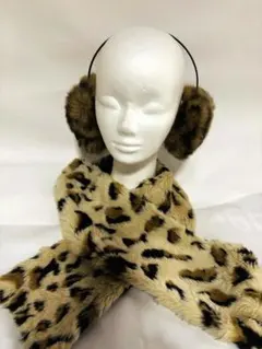 ヒョウ柄　イヤーマフ&ティペット　フェイクファー　ラビット、ボア調　レオパード