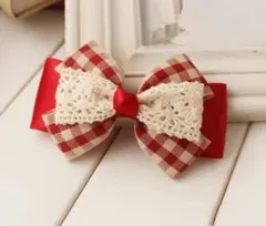 【新品】リボンバレッタ　ヘアクリップ　赤　チェック柄リボンヘアアクセサリー