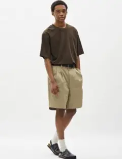 GU タックワイドハーフパンツ ベージュ S