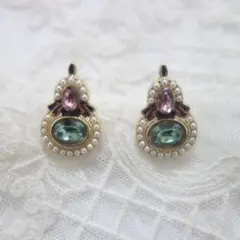 ☆ピンクトルマリン色＆アクアマリン色　極小パール　繊細　アンティーク調　　ピアス