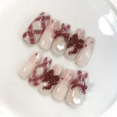 91♡ ネイルチップ ワンホン スナ系 フレンチガーリー リボン バレンタイン