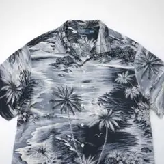 90sオールド ラルフローレン レーヨン アロハシャツ パームツリーXXL黒灰色