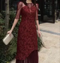 ワインレッド フラワー刺繍 パーティードレス オケージョンドレス