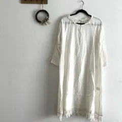 ハンドメイド 作家 リネン ワンピース エプロン風 S&S shizuka 白