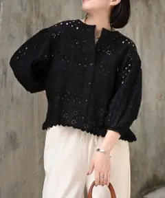 インド綿カットワーク刺繍コクーンシャツ　レース　黒　ブラウス