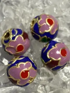 伝統工芸　チベット　七宝焼き　花柄　ブルー　4点セット　約8ミリ