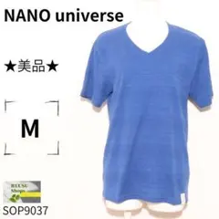 美品★ナノユニバース Vネックカットソー 総柄 綿混 サイズM ブルー 古着