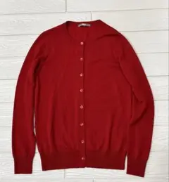 美品 ユニクロエクストラファインメリノクルーネックカーディガン ウール レッドM