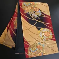袋帯 花柄 蝶刺繍 金色 赤