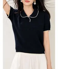 Doux Belle配色スカラップ襟ニットトップス レディース トップスのサムネイル