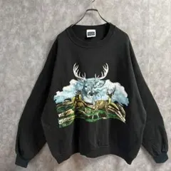 90s ヴィンテージ USA製 スウェット ブラック 鹿グラフィックプリント