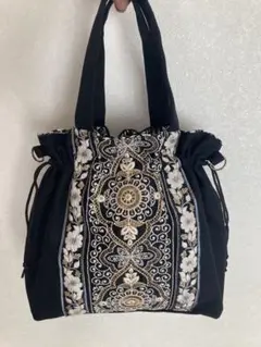 920/インド刺繍リボン3way巾着トートバッグショルダー紐付き