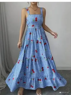 ノースリーブロングワンピース 青いギンガムチェック 花柄 XL