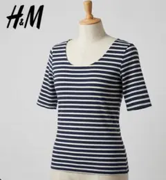 H&M ボーダー五分袖カットソー M ネイビー 着痩せ Y2K 着回し 古着