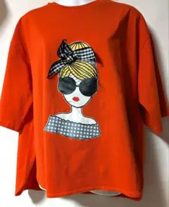 【美品】オレンジ色 半袖Tシャツ 女性イラスト