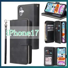 iPhone17 お財布一体型 スマホケース 手帳型 ストラップ付き ブラック