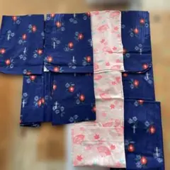手縫いアンサンブル紺色 赤い花柄 羽織り、着物、長襦袢3点セット 身長150前後