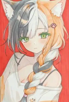 手描きイラストハガキサイズ　原画　オリジナル　三毛猫獣人少女