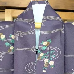 洗える着物 小紋 波模様 花柄 紫色 袷 お稽古 お出かけ 身丈160cm