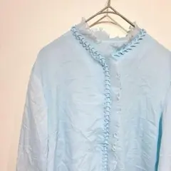 シャーリング ブラウス ライトブルー フリル プリーツ シアー 長袖シャツ