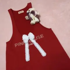 ピンクハウス マキシ丈 ジャンパースカート ロゴパッチワーク スウェット地 赤色