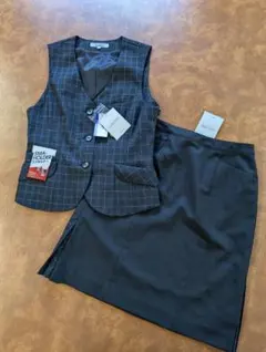 新品 チクマ 11号 会社事務服 ベスト スカート チェック柄ネイビー(濃紺)