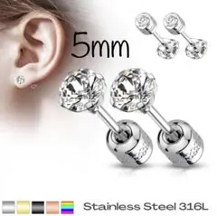 5mmネジ式キャッチ　2wayピアス　シルバー　サージカルステンレス　CZダイヤ