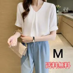 レディース　Vネックブラウス　シフォン ゆったり　体型カバー　白　きれいめ