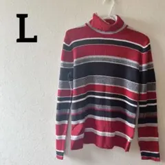 ストライプ タートルネックニット　L