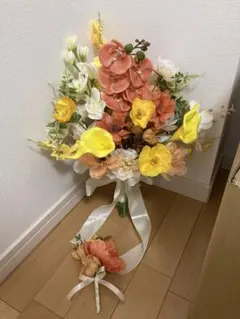 オレンジ造花ブーケとブートニアセット