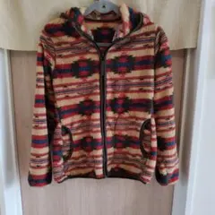 フード付きボアジャケット 赤青ストライプ