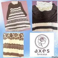 アクシーズファム★美品★たっぷりオフタートル★レース薔薇プリント★ニットワンピ