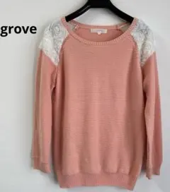 grove ニットセーターレースフラワーモチーフショルダーピンクワールドLサイズ