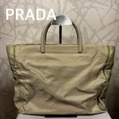 プラダ　PRADA ベージュ ナイロントートバッグ 三角ロゴ　グリーン　O