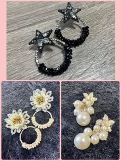 星形とお花とパールピアス3点セット